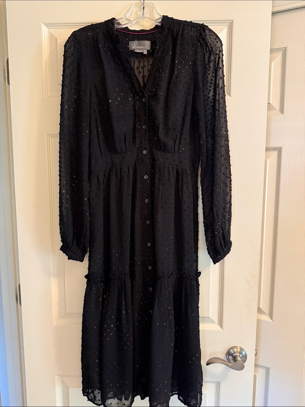 Anthropologie Black Sheer Swiss-Dot Midi Button-Front Dress
